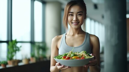 Portrait of cute asian attractive woman hold salad bowl and look at camera.