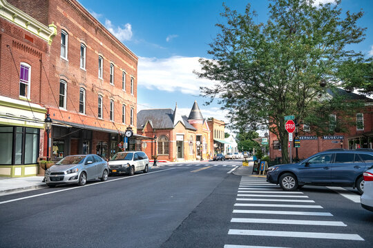 Historic Downtown Berlin In Maryland. Old Brick Buildings And Narrow Streets. Small Shops For Tourists.