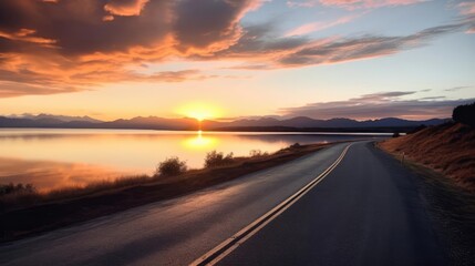Lake and road at sunset 