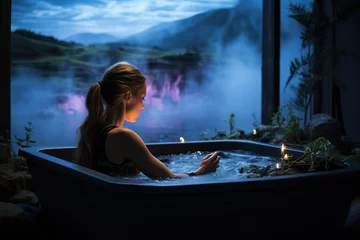 Fotobehang Woman bathing in cold plunge tub with serene landscape as background © Decord