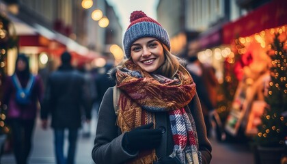 A woman walks down a bustling shopping street in winter season.