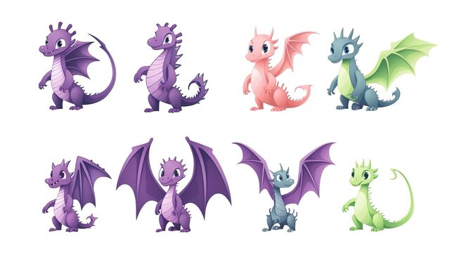 Cartoon set of fantasy dragons isolated on white