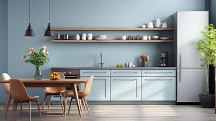 modern Kitchen interior design In pastel blue tones - obrazy, fototapety, plakaty