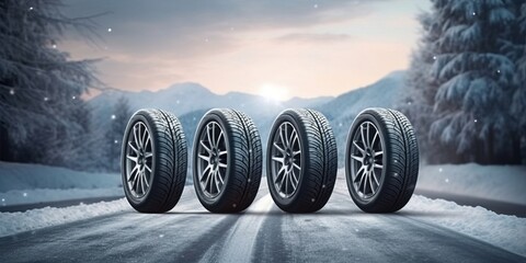 Photo of modern winter car tires, 4 tires together, in the background of a winter.