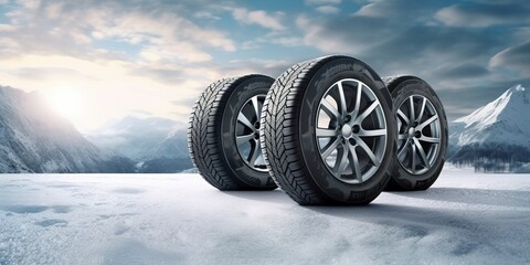 Photo of modern winter car tires, 4 tires together, in the background of a winter. - obrazy, fototapety, plakaty