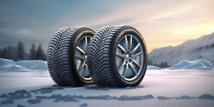 Photo of modern winter car tires, 4 tires together, in the background of a winter.