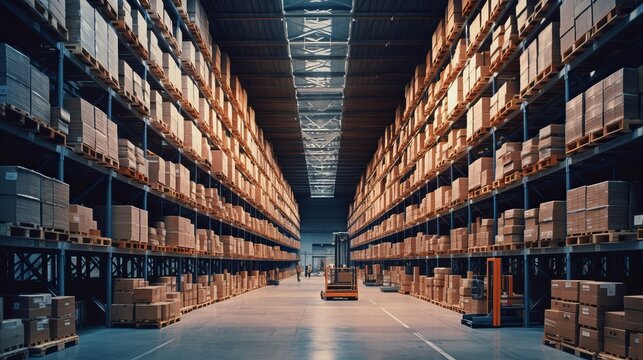 A large warehouse with numerous items. Rows of shelves with boxes. Logistics.