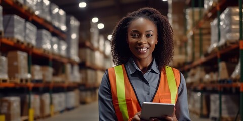 african american woman worker in a hardware warehouse standing checking supplies on his tablet. - obrazy, fototapety, plakaty