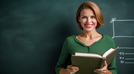 teacher holding chalk and book on green chalkboard background