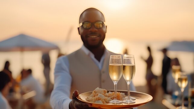 Waiter Serving Champagne, unrecognizable face, focus on champage tray, Summer Beach,