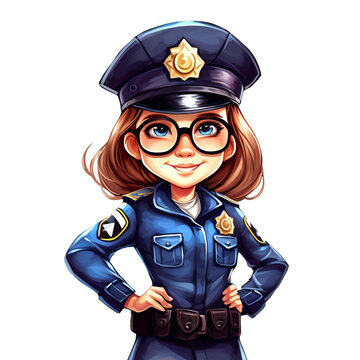 Young smart future police woman officer kid, community helpers, modern logo for kids.