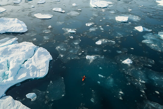 Generative AI illustration of aerial view of canoe floating in calm clear water with icebergs in Greenland in daylight