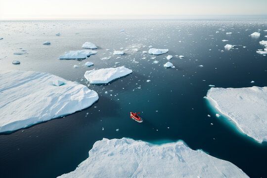 Generative AI illustration of aerial view of canoe floating in calm clear water with icebergs in Greenland in daylight