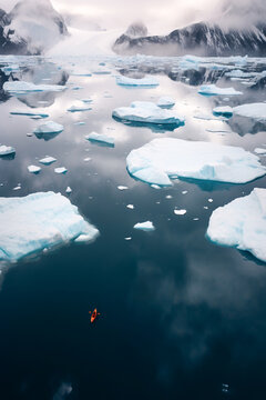 Generative AI illustration of aerial view of canoe floating in calm clear water with icebergs in Greenland in daylight