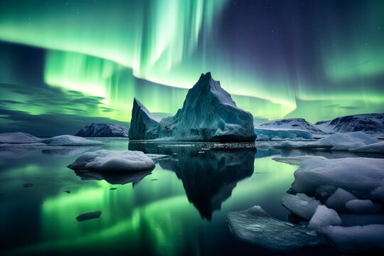 Generative AI illustration of icebergs reflecting in calm sea water under bright colorful green and blue sky