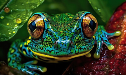 Generative AI illustration of closeup of bright poison dart frog looking at camera in green rainforest