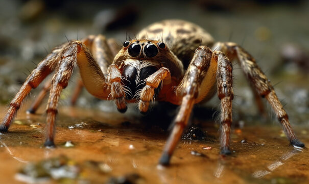 Generative AI illustration of closeup of brown spider with bright black eyes and long legs on puddle in nature against blurred background