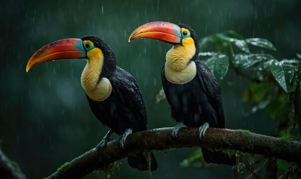 Generative AI illustration of couple of toucans with colorful beaks sitting on tree branch in rainforest
