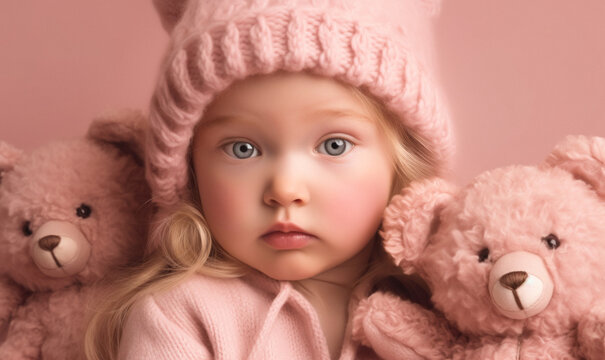 Generative AI illustration of serious baby girl in pink hat looking at camera while sitting among teddy bears against pink background