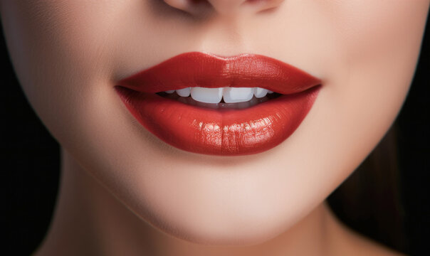 Generative AI illustration of closeup of smiling crop anonymous woman with red lipstick on lips