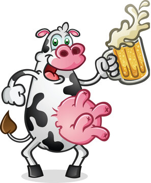 A happy cow cartoon with big round pink udders smiling and holding a tall mug of cold delicious beer getting ready to take a big drink and get a little tipsy on the farm