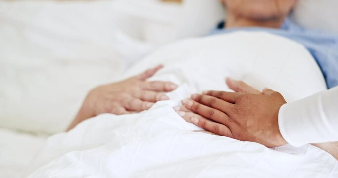 Hospital bed, support or sick elderly person holding hands for trust or comfort with healthcare problem. Closeup, empathy or senior care for mental health patient with medical risk, cancer or virus