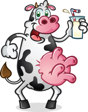 An excited dairy cow mascot getting ready to drink a big tall glass of cold delicious whole milk with a straw that was squeezed from the big round pink udders vector clip art illustration