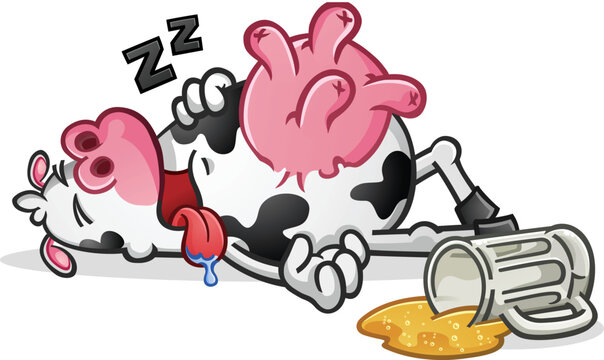 A drunk passed out cow cartoon with big round udders snoring away on the floor of the bar with a spilled mug of stale flat beer in a puddle on the ground