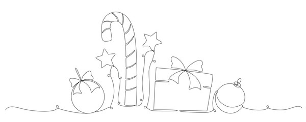 Christmas ball, gift box, candy can continues one single line hand drawing vector stock illustration, isolated on background for design winter holiday banner, card, invitation. Editable stroke.
