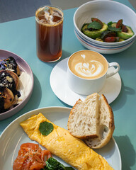 breakfast with coffee in restaurant