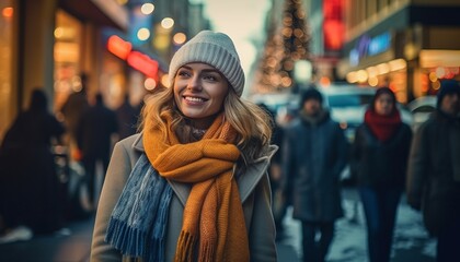 A woman walks down a bustling shopping street in winter season.generative ai