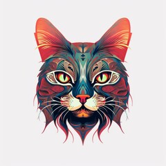 A face of a cat with bright colors. An illustration of a cat with a mystical style. A symmetrically drawn cat head. A symmetrical face of a cat looking straight ahead.
