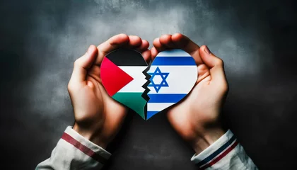 Fotobehang The breakdown of peace between Palestine and Israel. Conflict between the countries. A broken heart with the flags of Israel and Palestine. © MADMAT