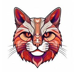 A face of a cat with bright colors. An illustration of a cat with a mystical style. A symmetrically drawn cat head. A symmetrical face of a cat looking straight ahead.
