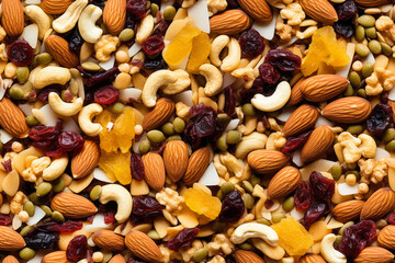 Granola trail mix,  closeup detail from above. Seamless repeating pattern. Generative AI