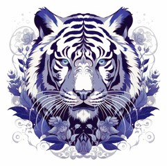 A face of a tiger with bright colors. An illustration of a tiger with a mystical style. A symmetrically drawn tiger head. A symmetrical face of a tiger looking straight ahead.