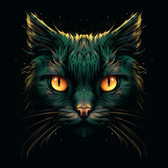 A face of a cat with bright colors. An illustration of a cat with a mystical style. A symmetrically drawn cat head. A symmetrical face of a cat looking straight ahead.
