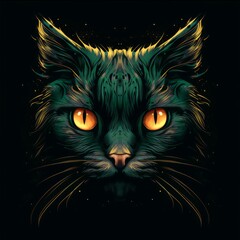 A face of a cat with bright colors. An illustration of a cat with a mystical style. A symmetrically drawn cat head. A symmetrical face of a cat looking straight ahead.
