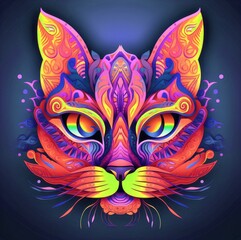A face of a cat with bright colors. An illustration of a cat with a mystical style. A symmetrically drawn cat head. A symmetrical face of a cat looking straight ahead.
