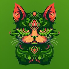 A face of a cat with bright colors. An illustration of a cat with a mystical style. A symmetrically drawn cat head. A symmetrical face of a cat looking straight ahead.
