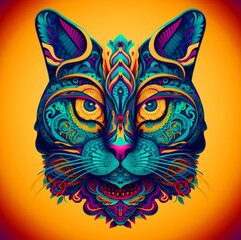 A face of a cat with bright colors. An illustration of a cat with a mystical style. A symmetrically drawn cat head. A symmetrical face of a cat looking straight ahead.
