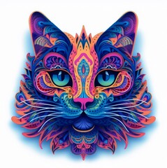 A face of a cat with bright colors. An illustration of a cat with a mystical style. A symmetrically drawn cat head. A symmetrical face of a cat looking straight ahead.
