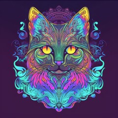 A face of a cat with bright colors. An illustration of a cat with a mystical style. A symmetrically drawn cat head. A symmetrical face of a cat looking straight ahead.
