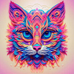 A face of a cat with bright colors. An illustration of a cat with a mystical style. A symmetrically drawn cat head. A symmetrical face of a cat looking straight ahead.
