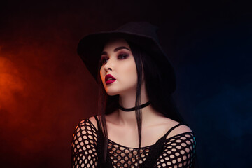 Photo of gorgeous dark bride have halloween night wedding wait power warlock dracula over mist background