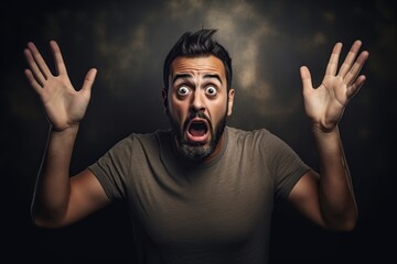surprised and scared man standing with arms raised
