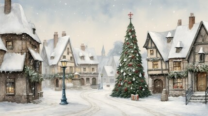 winter in the village, vintage christmas - obrazy, fototapety, plakaty
