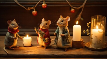 At Christmas mice lighting three candles on a table