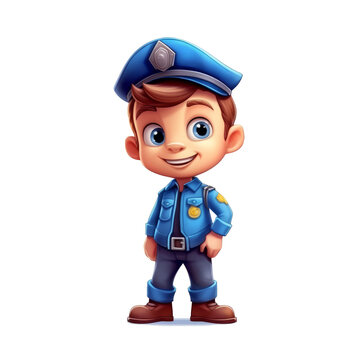 Young smart future police officer kid, community helpers, modern logo for kids, isolated transparent background generative ai