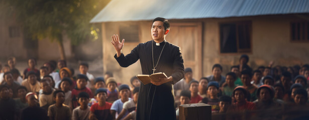 Asian pastor or priest preaching in village outside to group of local people. Generative AI